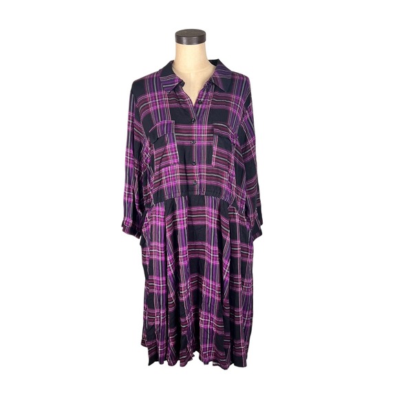 torrid Dresses & Skirts - Torrid Shirt Dress Purple Black Plaid Button Front Pockets Plus Size 3 3X